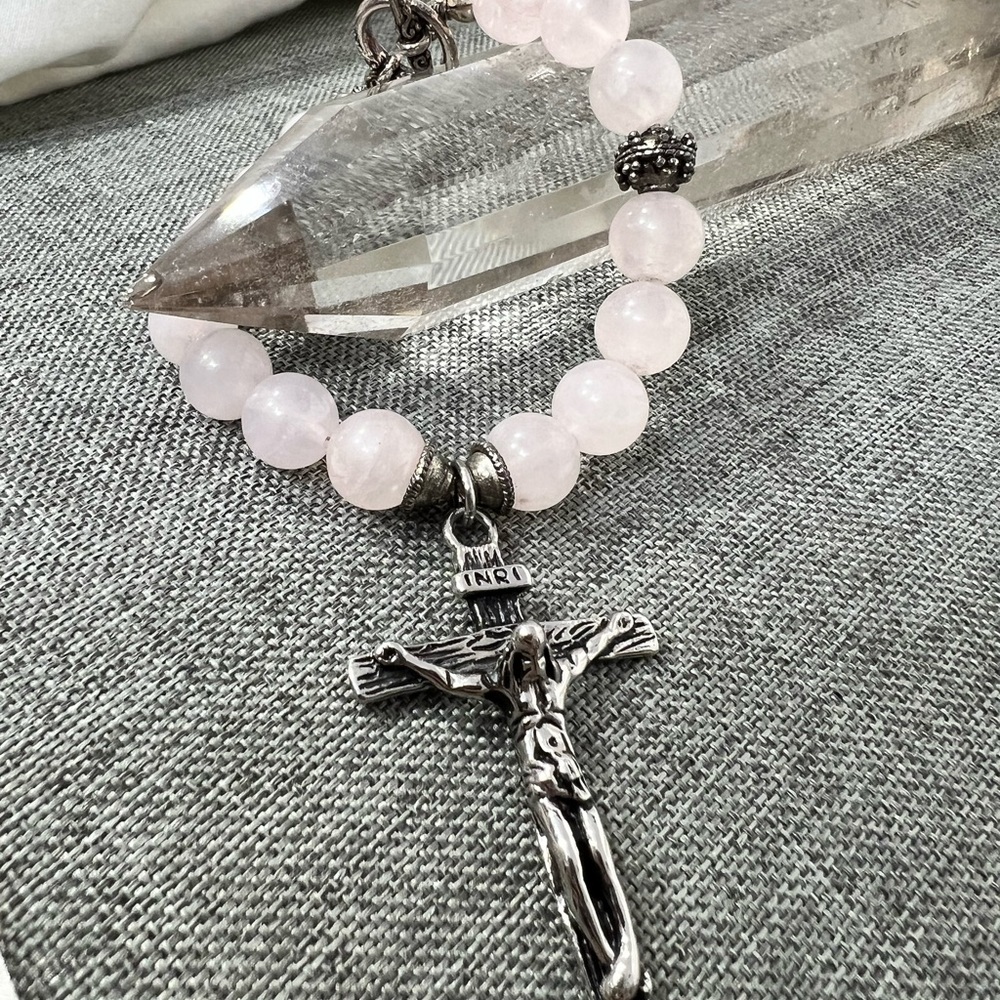 Rosary" Bracelet Rose Quartz Stone with Cross Stainless Steel Silver ☑️ - Picture 3 of 14